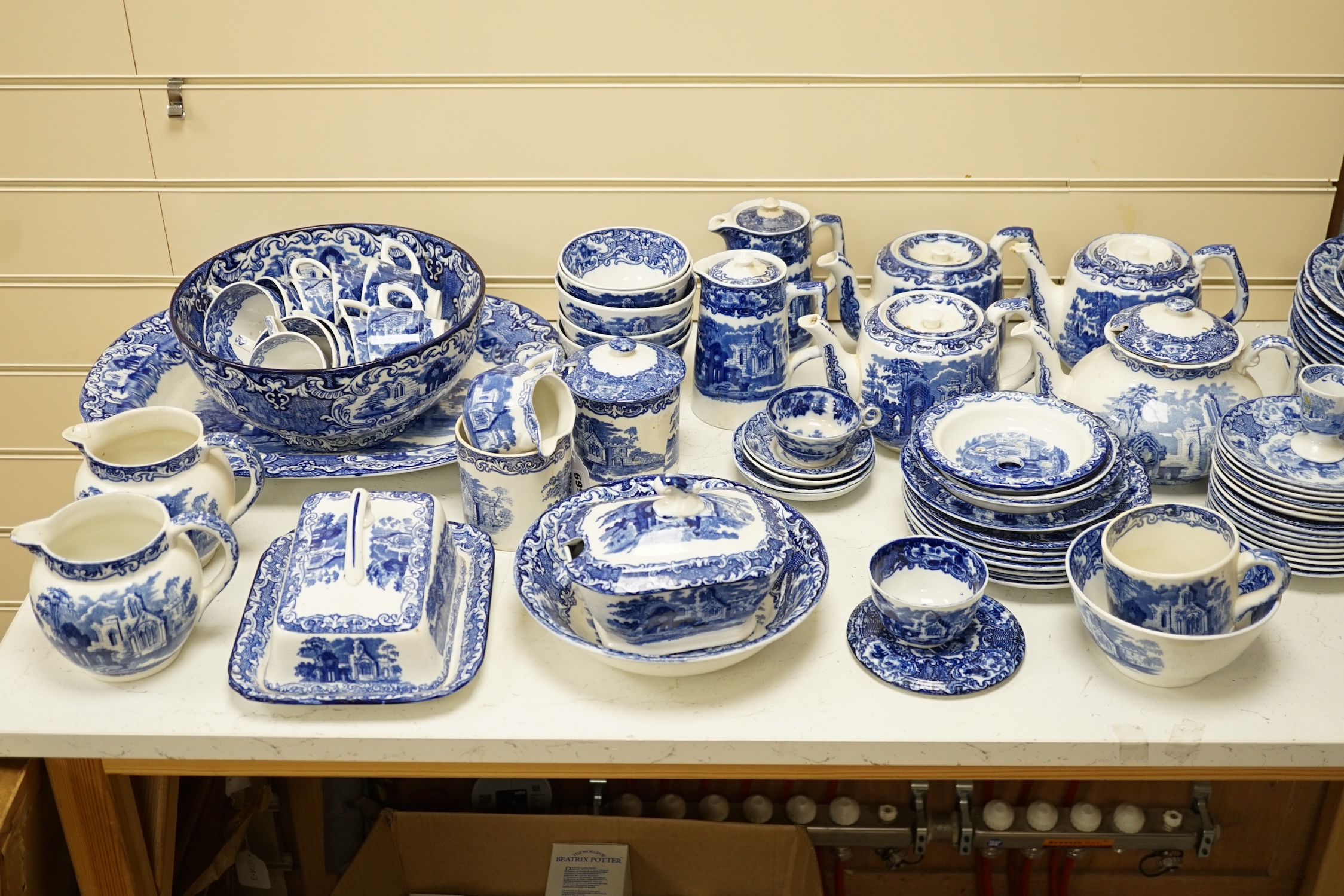 A large comprehensive collection of blue and white ‘Abbey’ dinner ware and tea ware. Condition - poor to fair to good